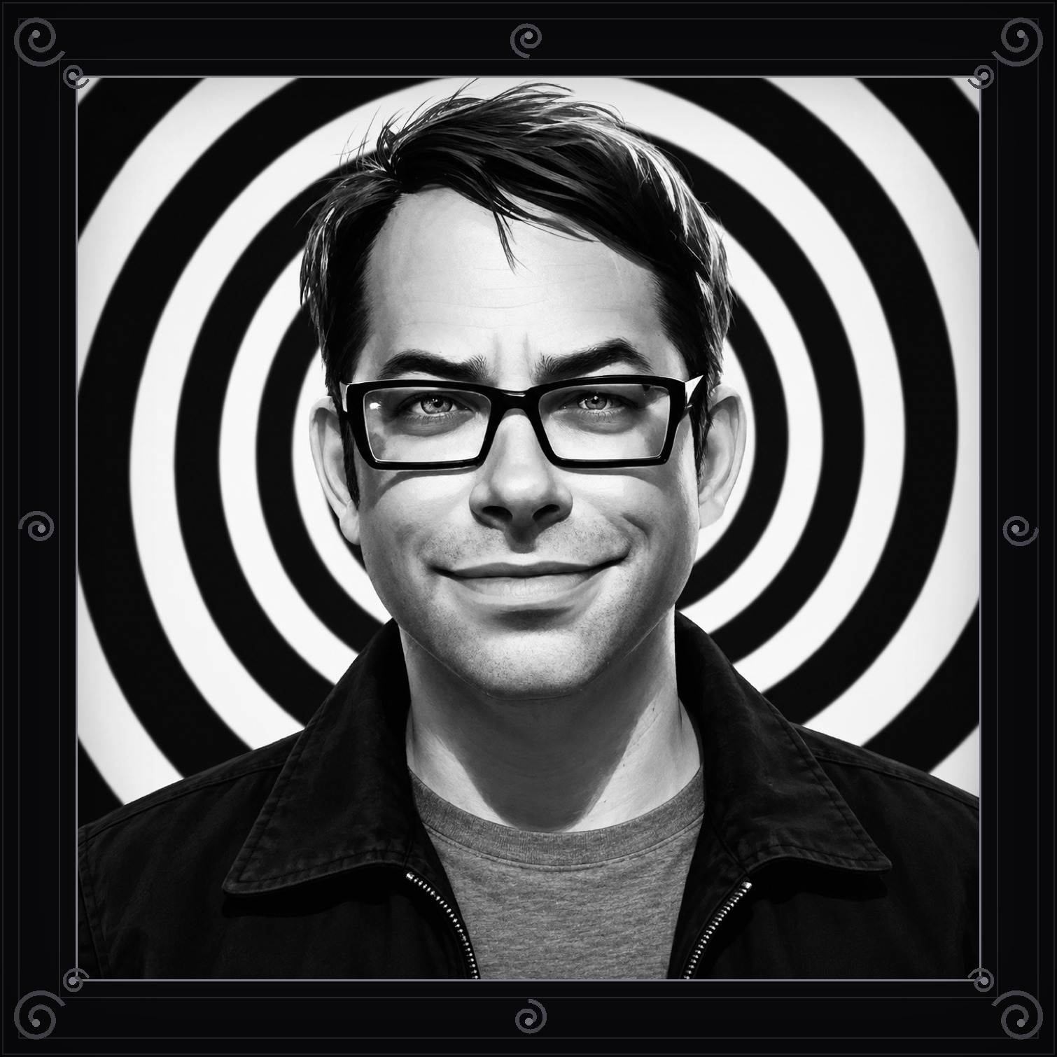 Black-and-white portrait of Richard Pagan in an ornate wrought-iron spiral frame